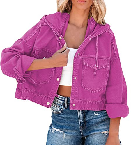 Giacca da donna casual in denim, con colletto rovesciato, a maniche lunghe, con bottone, con cappuccio, da donna, in jeans, colore blu scuro, per la transizione, da pilota, rosa intenso, XL