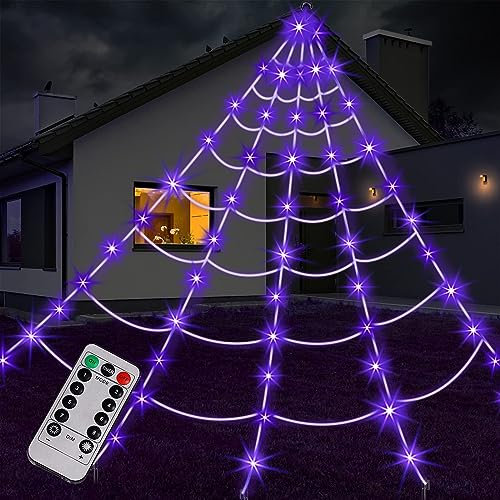 Giant Spider Web Halloween Decorations Outdoor,Halloween Decorations,125 Purple LED Light Up 16.4Ft Giant Spider Web Decoration,8 Modes Lighted Halloween Decorations for Outdoor,Lawn,Yard,Garden