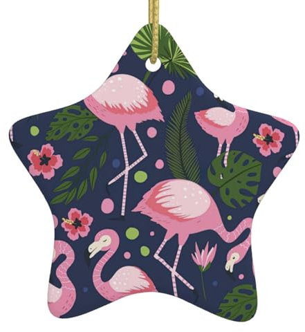 Mgqmz Weihnachtsbaumschmuck, rosa Flamingo und Blätter, 7,6 cm, sternförmig, Keramik, zum Aufhängen, Souvenir