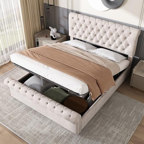 Merax Ottoman Storage Bed Upholstered Double Bed Luxurious Velvet Button-Tufted Sleigh Bed with Storage - Upholstered Double Bed (5ft,150 * 200) in Elegant Beige Without Matress