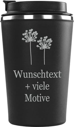 Kaffeebecher Edelstahl 350 ml schwarz mit Gravur und Motiv - personalisierter Coffeebecher To Go für Kaffee, Tee, Heißgetränke, doppelwandig, Deckel mit Trinköffnung, Mehrwegbecher