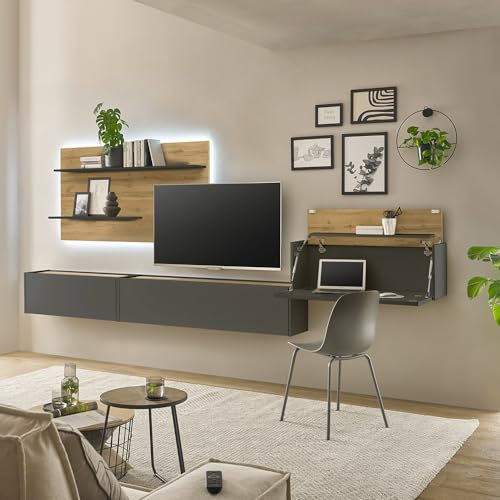 Lomadox Wohnwand mit Homeoffice-Lösung anthrazit mit Eiche 4-teilig modern, 1 Wandpaneel mit Beleuchtung, 1 TV-Hängeschrank, 1 Hängeschrank, 1 Hängesekretär