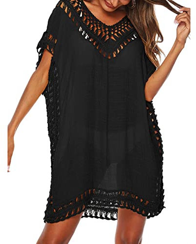Qianderer Women Cover Up Beach Dress Hollow Out Beachwear Bikini Swimsuit Bathing Suit Cover Ups Dress (Black, One Size)