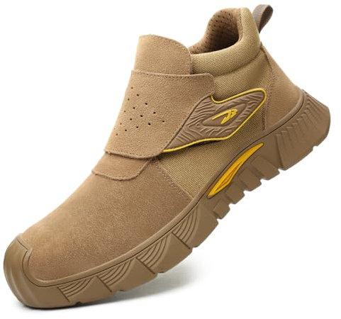 Dajingkj Scarpe antinfortunistiche da uomo per saldatore, leggere, con doppia custodia, anti-scottatura, resistenti agli urti e ai punti, antiscivolo, con punta in acciaio, Cachi Doppia Custodia
