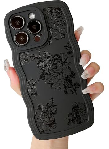 ZTOFERA Hülle für iPhone 15 Pro Max, Niedliche Lockige Wellen Rahmenform Cool Schwarz Blume Floral Design Flüssigsilikon Hülle, Flexible Stoßfeste Schutzhülle für iPhone 15 Pro Max 6,7- Rose