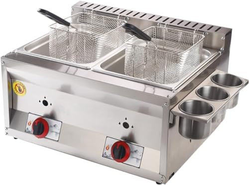 Friteuse à gaz professionnelle à double cylindre de 20L en acier inoxydable - Idéale pour la cuisine commerciale et maison avec cuillère à panier pour croustilles de poulet (Size:20 L)