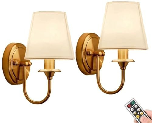 Battery Operated Wall Lights Set of Two 2 Pack Antique Brass Vintage Battery Operated Wall Sconces Light Fixture with Flared White Fabric Shade for Dining / Living Room Bedroom Bathroom Hallway Gold