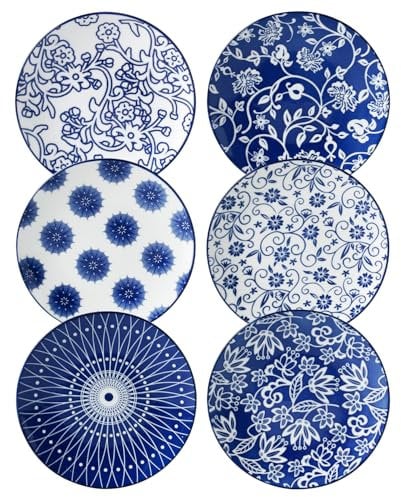 Cerkik Ceramic Dessert Plates Set - 15.2 cm Small Appetizer Plates for Kitchen - Salad Plate for Cake Snacks Side Dish, Microwave Dishwasher Safe, Gift, Vintage Blue