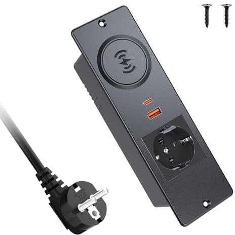 Einbausteckdose mit 15W Kabelloses Ladegerät, Haiaoyyds Einbau Steckdosenleiste mit 2 USB (20W), 2m Kabel, Tischsteckdose für Konferenztisch, Arbeitsplatte, Sofatisch, Schwarz