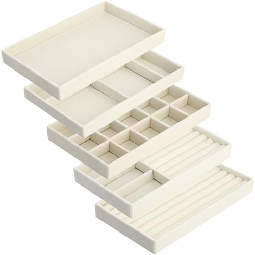 QWORK® 5PCS bandejas organizadoras de joyería, bandeja de joyería de terciopelo, para exhibición de pendientes, anillos, collares y pulseras, beige