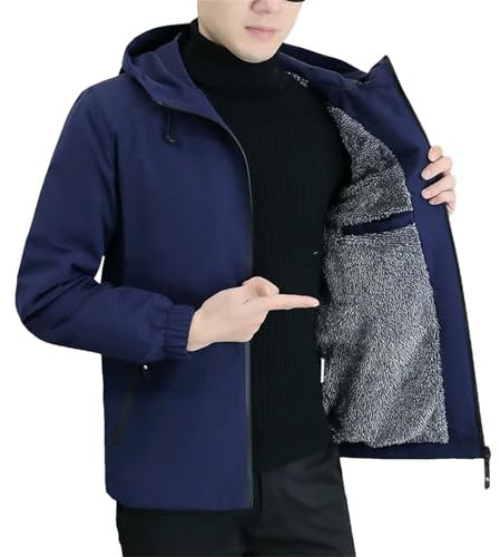 Giacca da uomo in pile con cappuccio spessa calda giacca a vento da uomo elegante arrampicata pesca casual Outwear, Blu, XL