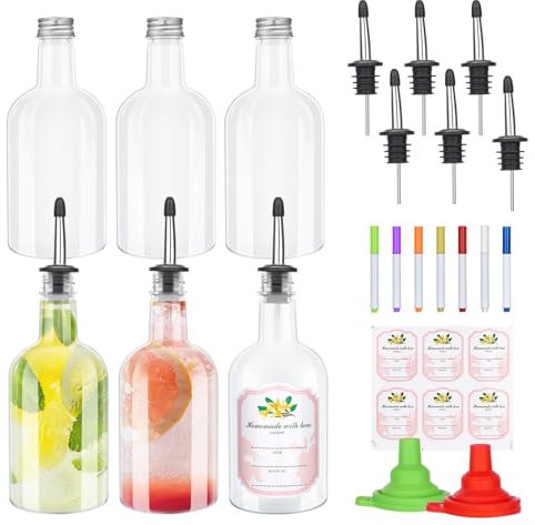 Set di 12 bottiglie in plastica a collo lungo da 470 ml, con beccuccio per liquori e tappi, con versatore in acciaio inox, per liquori, succhi, sciroppo, bar, feste