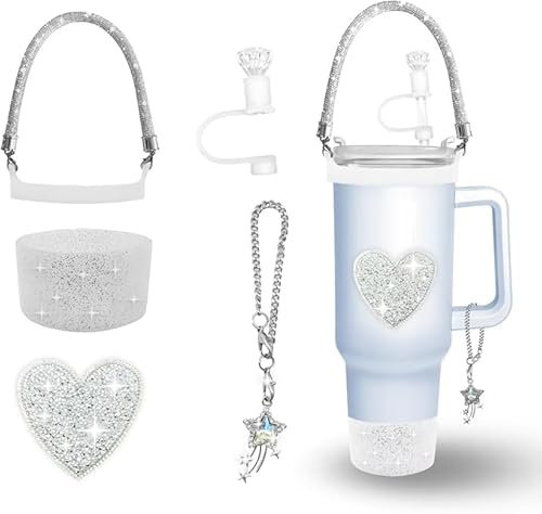 DLDXGXNR Stanley Tassen-Zubehör-Set, glitzernde Wasserflaschengriffe, Diamanten, Herz-Aufkleber, Glitzer, Silikon-Stiefel, Diamant-Strohabdeckung für Stanley Cup, Glitzer-Zubehör-Set (Herz)
