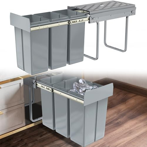 XINZI Cubo de basura para cocina, 3 compartimentos, 3 x 10 L, sistema de separación de basura, cubo de basura con extracción completa