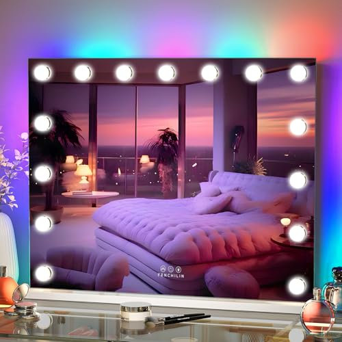 FENCHILIN Hollywood Spiegel mit RGB Schminkspiegel mit Beleuchtung mit 15 Dimmbare Lampe 3 Lichtmodi Hollywood Spiegel mit Beleuchtung 10x Vergrößerung HD Gehärtetes Glas Weiß 58cmX46cm