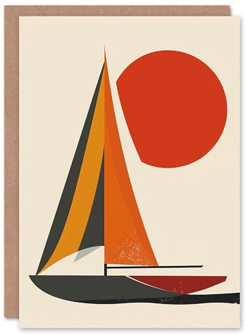 Artery8 Mid Century Modern Sail Boat Sunset Sun Painting Blank For Him Or Her Art Birthday Card