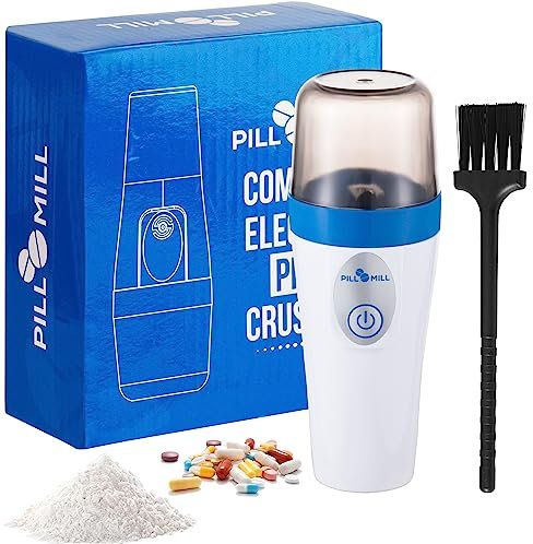 Kompakter Kleiner Elektrischer Tablettenzerkleinerer von Pill Mill - Feinpulver Elektronikpulverisierer für Kleine bis Große Medikamenten- und Vitamin-Tabletten, Reisefreundlich, Inkl Bürste