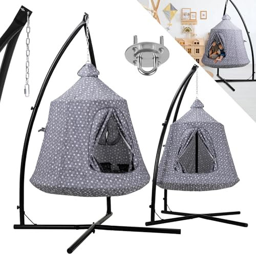 MAMIZO Hängehöhle mit Gestell,Hängesessel for Indoor & Outdoor,Hänge Spielzelt,Garten,Camping Hängezelt,Hängematte int LED-Leuchten,Hängezelt mit aufblasbarem Kissen,150kg Kapazität(Grau)