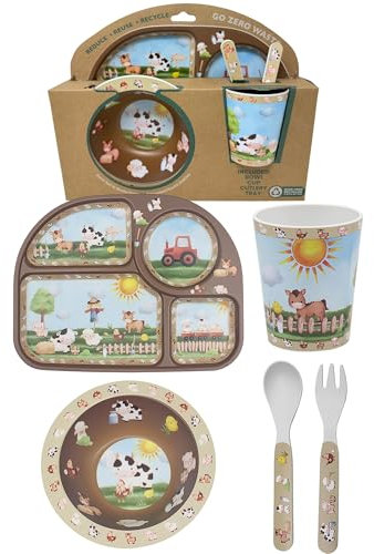 Childrens Dinner Set 4 Piece Dinner Set Bowl, Fork, Spoon, Plate and Cup Made from Recycled Materials HTUK (Farm)