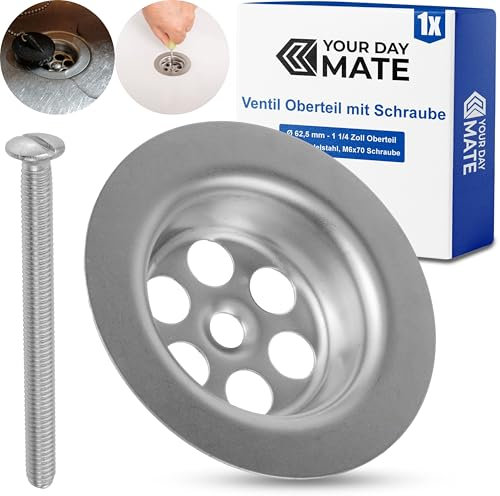 Replacement valve top with mounting screw, for sink drain valves, Ø 62.5 mm - 1 1/4 inch, SS201 stainless steel top part, M6x70 basin screw, replacement part for kitchen tap plug spigot