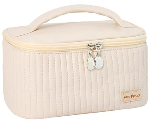 Trousse Maquillage Femme Voyage Grande Trousse de Toilette Femme Voyage Sac à Cosmétiques en Cuir PU Pochette Sac Cosmétique Portable Boîte Cosmétiques Trousse de Rangement Toilette Femme(Beige)
