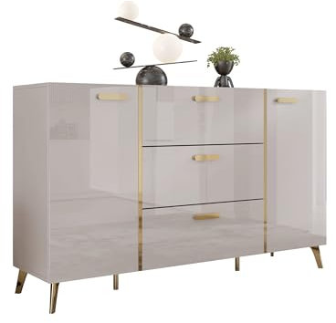 Mirjan24 Kommode Picru 150 2D3SZ, Kombikommode mit 2 Türen und 3 Schubladen, Aufbewahrungsschrank, Mehrzweckschrank für Wohnzimmer, Esszimmer (Cashmere/Cashmere Hochglanz + Gold)