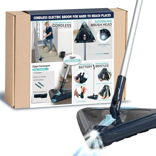 Zippi Deeper Sweeper Max - Powerful and Lightweight Sweeper, Perfect for Carpet Hardwood and Tile, Triangular Design Allows for Sweeping in Corners, 1000 mAh Rechargeable Battery