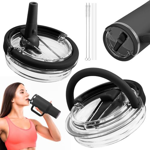 HOTUT 2 Pack Leak Proof Lid for Stanley Cup, 40 oz Tumbler Flip Straw Lid Replacement fit for Stanley Quencher, Leak Proof Splash Resistant Tumbler Lids with 2 Straws and 2 Cleaning Brush