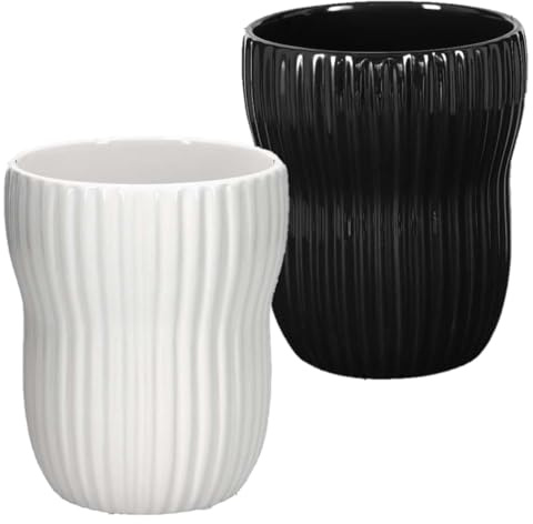 KOTARBAU® 2 St. Blumentopf Weiß/Schwarz innen rund ⌀ 11,5cm H: 16,5cm gerillter glasierte keramischer Blumentöpfe Blumenübertopf keramischer Pflanzentopf Orchideenübertöpfe Blumentopf groß Flower Pot