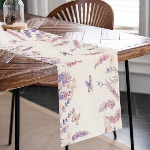 Lila Tischläufer Frühling, Lavendel Tischläufer Modern 33 x 183 cm, Schmetterling Tischdecke Frühling, Abwaschbar Table Runner für Küche, Party Esszimmer Garten Dekorationen