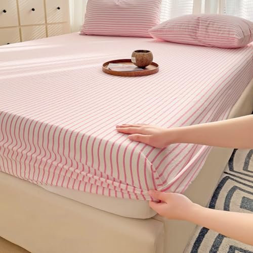 Spannbettlaken 150x200cm, Rosenrot Spannbettlaken Streifenmuster Gewaschene Baumwolle