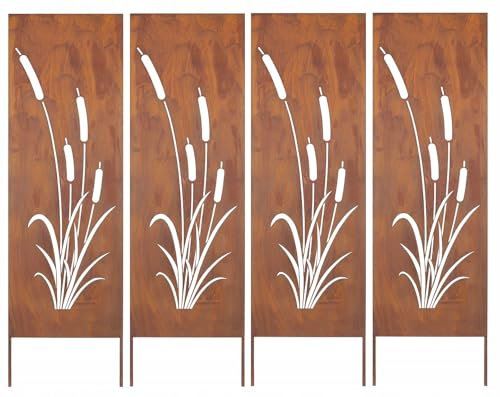 Kapaga - Sichtschutz Metall 4x - 160 cm x 50 cm - Edelrost - Rostoptik Sichtschutz für Garten - Sichtschutzelement - Sichtschutzwand - Gartendekoration Zaun - Rost (Strauch) (Kalmus)