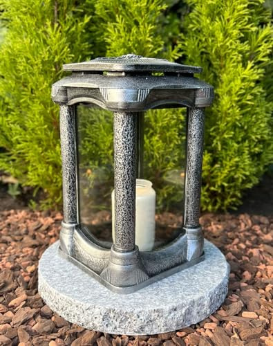 Grablampe - 25 cm H. Farbe Silber Grabkerze Kerze Grablicht Grabdeko Gartenlampe Laterne inkl. Grablampe + Sockel NEU