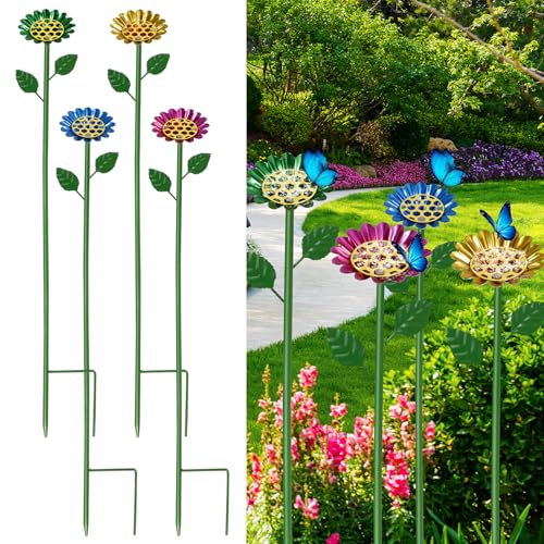 VAVPUP 4-Pack Metal Bee Watering Stations with Anti-Drowning Landing Pads Rust-Proof Bee Feeder Cups & Adjustable Iron Stakes, Vibrant Garden Decor for Outdoor Garden Yard Decor (Multiple Colors)