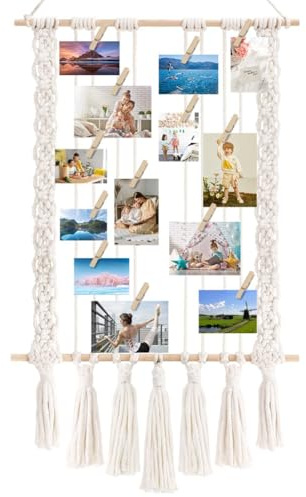 Steowsey Hanging Photo Display with 30 Wood Clips Macrame Wall Hanging Picture Holder Collage Picture Frame for Boho Decor Easy Install