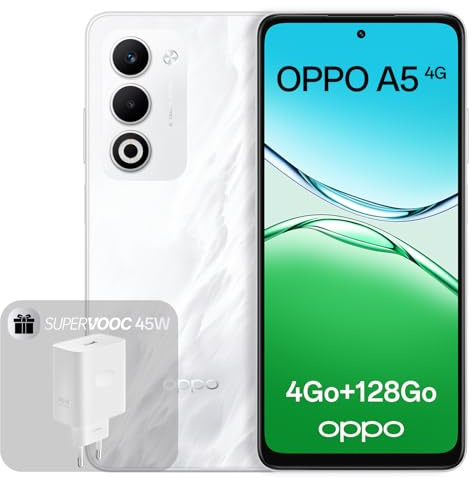OPPO A5 4G 4Go RAM + 128Go ROM, Smartphone débloqué avec IA, écran 6,67 Pouces 90 Hz, Appareil Photo 50 Mpx avec autofocus, Batterie 6000 mAh, IP65, Mist White (Chargeur SUPERVOOC 45 W Inclus)