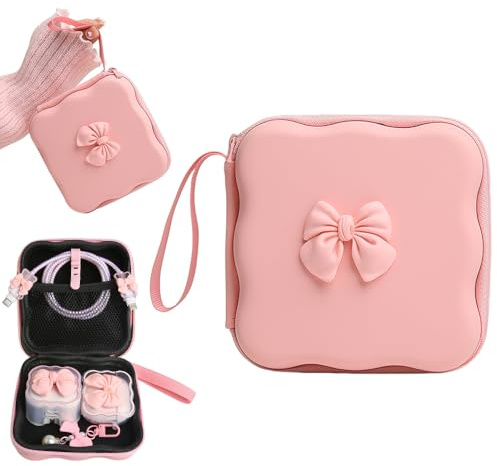 QLD COVER Charger Cover Storage Bag, Cute 3D Bow Tie Waves Design Charger Protector Travel Storage Case, Earphone Wire Saver Cable Cord Organizer Wireless Earphone Storage Box, Pink Bow