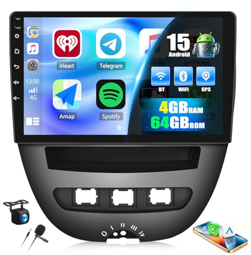 4+64G Android 15, CAMECHO 9 Zoll Autoradio für Toyota Aygo 2004-2014 Peugeot 107 Citroën C1, Radio Bluetooth mit Wireless Carplay Android Auto FM/RDS GPS WiFi +AHD Rückfahrkamera 32EQ