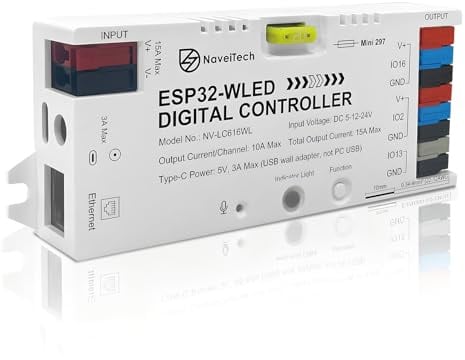 NaveiTech ESP32 WLED LED Controller mit Ethernet, Musik Reaktion, UART & 20A Stecksicherung, DIY dynamische Lichteffekte, DC 5–24V für WS2811 WS2812B SK6812 WS2815 RGB/RGBW Adressierbare LED Streifen
