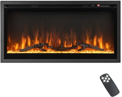 SOARS Cheminée Electrique 750W/1500W, Fausse Cheminée Decorative Encastrée, Effet Flamme LED 9 Couleurs, 5 Luminosités, Chauffage 18-28℃, Télécommande, Minuterie (91,44 x 14,2 x 45 cm)