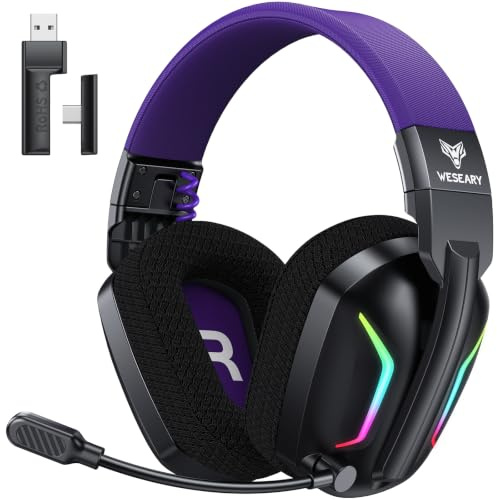 WESEARY Gaming Headset Wireless mit Mikrofon für PS5 PS4 PC Switch Handy | 2,4 GHz & Bluetooth, 60H Akku, LED-Licht, faltbar, Surround Sound, niedrige Latenz, Noise-Cancelling-Mikrofon
