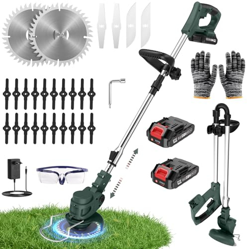 Debroussailleuse Electrique sans Fil 21V avec 2 Batteries 2000mAh, Coupe Bordure sans Fil avec Batterie Léger et Pliable 4 Types de Lames, Rotofil Batterie for Lawn Ed (Vert foncé)