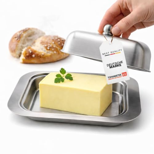 Butterdose Edelstahl mit Deckel matt, spülmaschinengeeignet, Butterglocke für Küche, Frühstück, Kühlschrank, Aufbewahrung von Butter & Margarine Butterbehälter