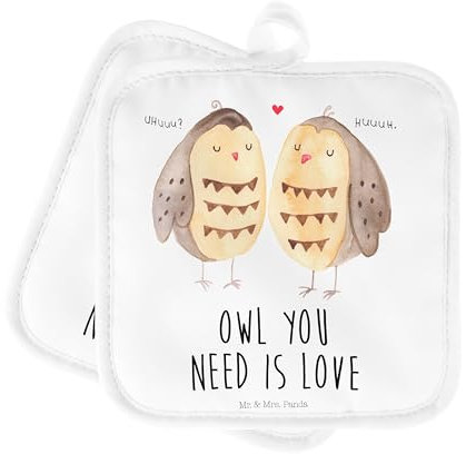 Mr. & Mrs. Panda 2er Set Topflappen Eulen Liebe - Geschenk, Topflappen 2er Set, Topflappen lustig, Pärchen, Topfuntersetzer, Topflappen Set, Eule