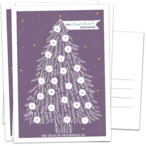 Adventskalender Karten Set - 5 Postkarten im geschmackvollen Design mit Baumkugeln zum Ausmalen, Mini Adventskalender als Weihnachtskarten Alternative für Advent & Weihnachtsgrüße, Lila Weiß Gelb