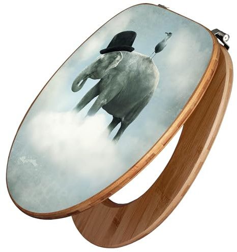 banjado Design WC Sitz Bambus 45x37,5cm / Toilettendeckel Holz/hochwertiger Toilettensitz/Bambus-Toilettendeckel für alle gängigen Toiletten - Elefant und Möwe