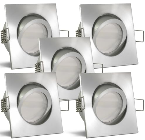 trendlights24 Lucido LED Einbaustrahler 230V eckig Alu Silber dimmbar 5er Set 5W Spots Warmweiß flach 35 mm Deckenspots schwenkbar Schlafzimmer etc.