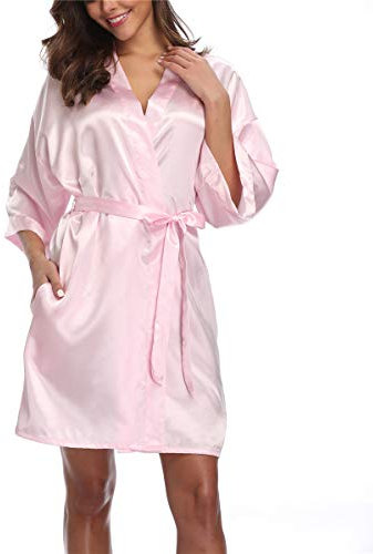 MissNina Peignoir kimono en satin pour femme - Robe de demoiselle d'honneur - Peignoir de bain soyeux - Vêtement d'été, Rose, M