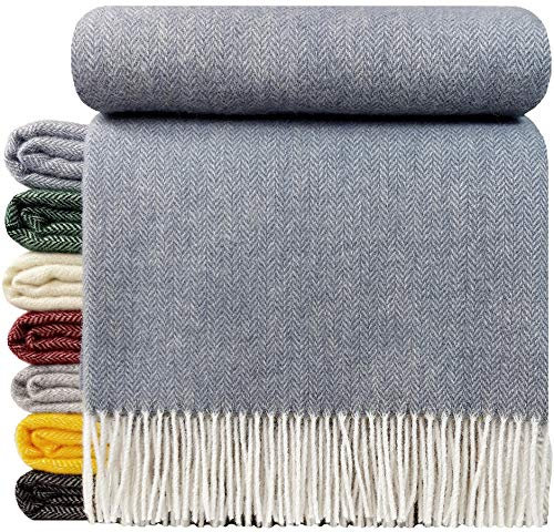 STTS International Wolldecke 100% Schurwolle Wohndecke in versch. Farben 140 x 200 cm Tagesdecke Schurwolldecke Woll-Plaid Tirol (Hellblau/Grau, 140 x 200 cm)