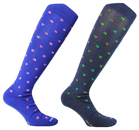 (2 PAIA) Calze uomo lunghe elasticizzate in cotone filo scozia con motivo quadretti multicolore (ROYAL-BLU)